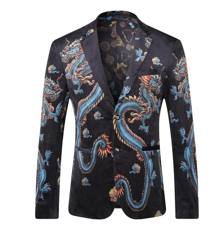 2023 Admired Gentlemen Black Velvet Dragon Blazer For Men | PILAEO