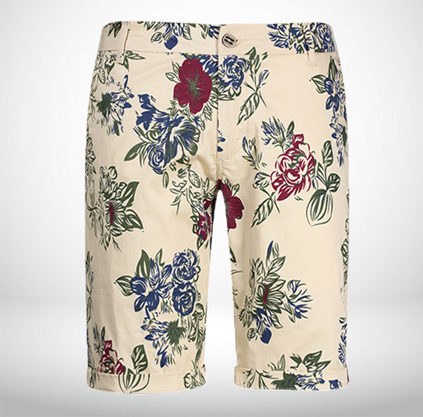 2023 Artisans Beige Floral Print Mens Printed Chino Shorts | PILAEO
