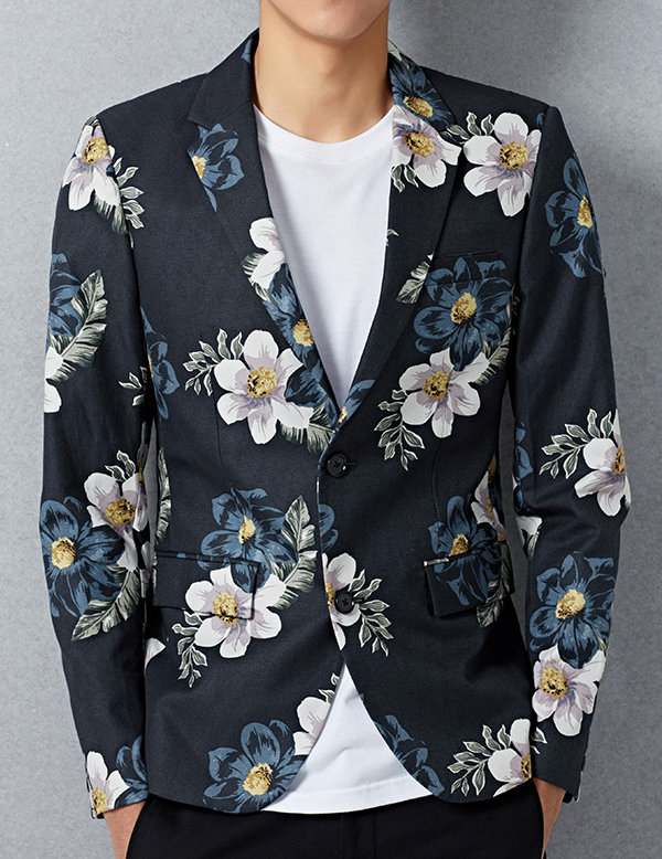 2023 Attractive Navy Blue Floral Printed Mens Fashion Blazer | PILAEO