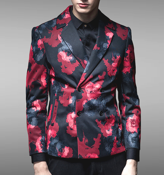 2023 Beautiful Double Breasted Floral Red Black Blazer | PILAEO