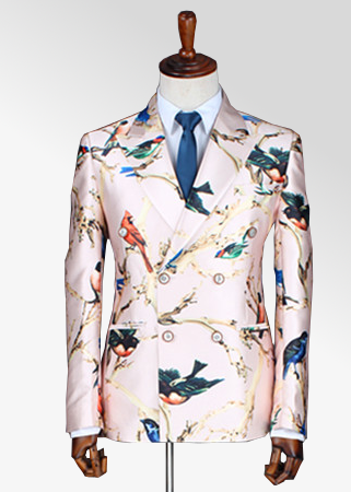 2023 Beige Luxury Satin Floral Tailored Double Breasted Mens Blazer | PILAEO