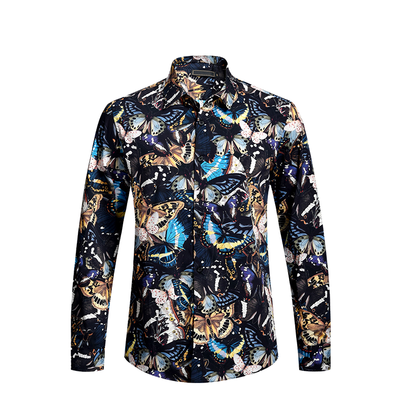 2023 Black Blue Tan Butterflies Fashionable Mens Dress Shirt | PILAEO