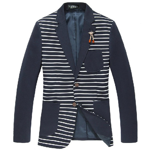 2023 Chic Brooch Embellishment Stripped Blue Blazer Jacket | PILAEO