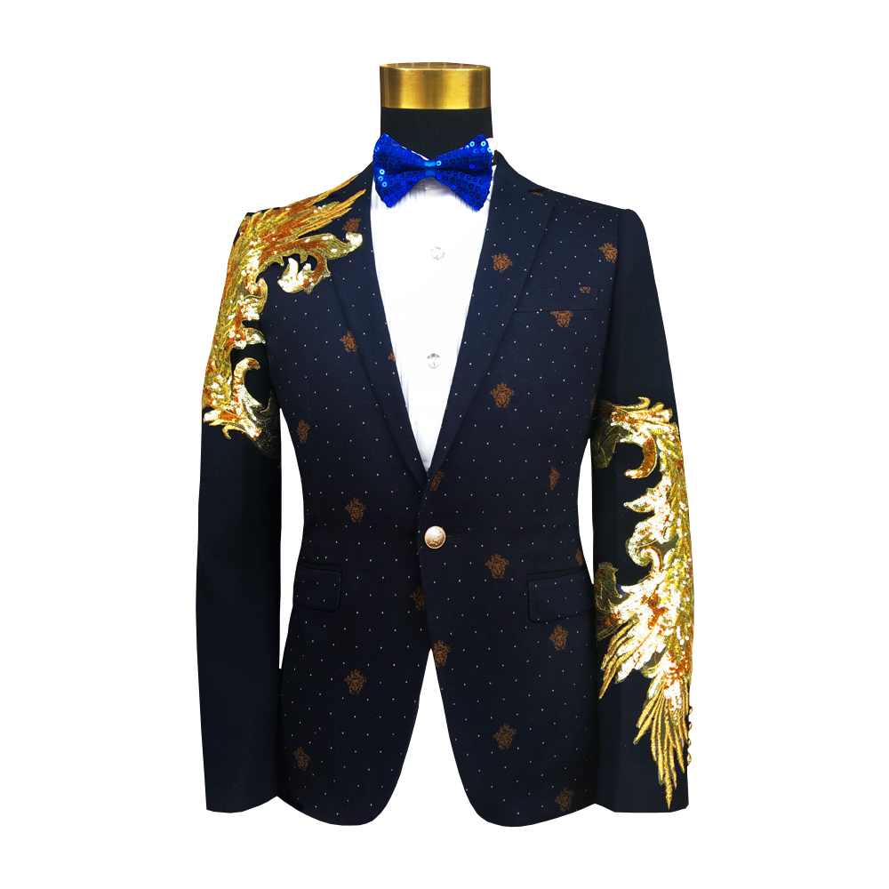 2023 _Dazzling Gold Arm Mens Navy Blue Tailored Stylish Blazer | PILAEO