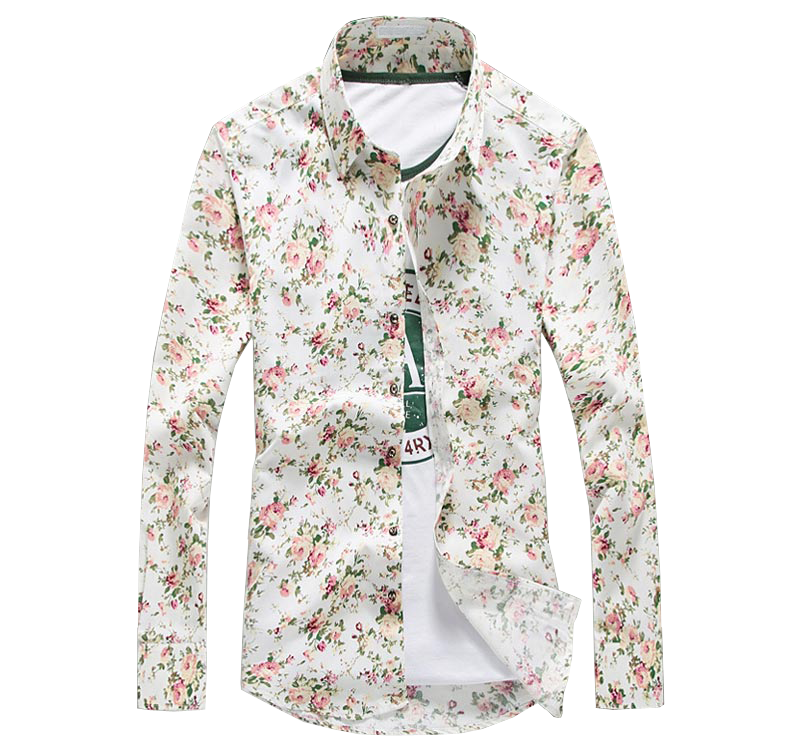2023 In-Style White Pink Floral Artsy Mens Floral Long Sleeve Dress Shirt | PILAEO