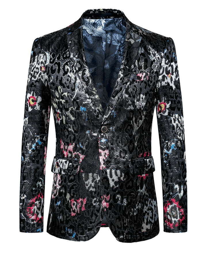 2023 Leopard Pattern Extraordinary Floral Mens Fashion Upscale Black Blazer | PILAEO