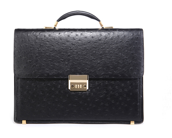 Luxury Ostrich Grain Mens Black Leather Briefcase