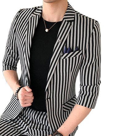 2023 Luxury Short Sleeve Striped Black Grey Mens Summer Blazer | PILAEO