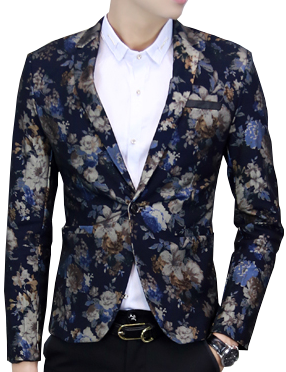 2023 Navy Blue Charming Velvet Floral Mens Blazer | PILAEO