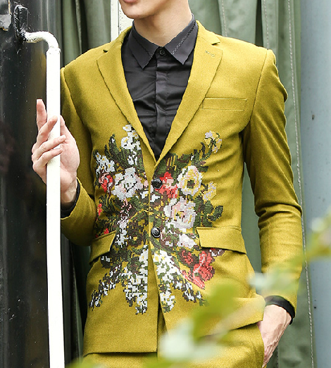 2023 Pear Yellow Embroidered Floral Knit Luxury Blazer | PILAEO
