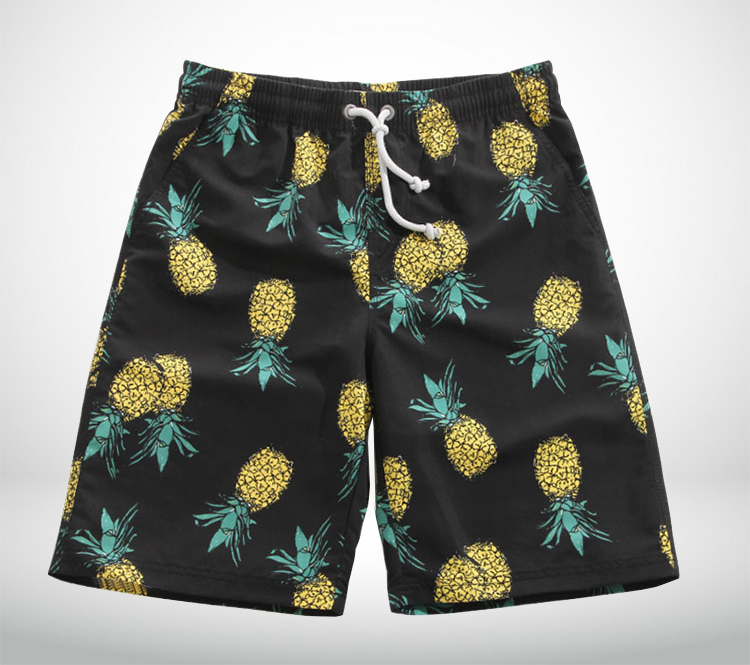 2023 Quick-Drying Black Pineapple Print Mens Fashion Board Shorts | PILAEO