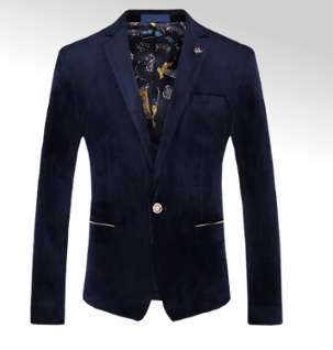 Sleek Navy Blue Velvet Gold Button Blazer