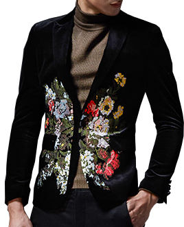 2023 elegantes nuevos hombres de lujo de terciopelo negro chaqueta floral | PILAEO