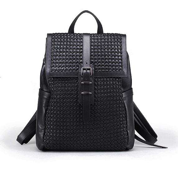 2023 Sleek Symmetrical Woven Black Modern Leather Backpack | PILAEO
