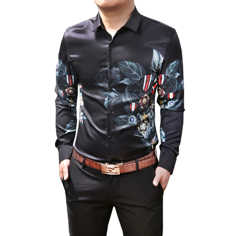 2023 Stylish Floral Black Polyester Mens Printed Dress Shirt | PILAEO