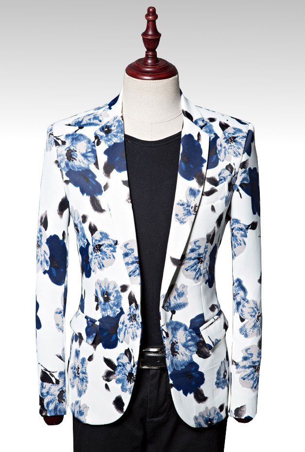 2023 Tailored Floral Print Blue White Blazer For Men | PILAEO