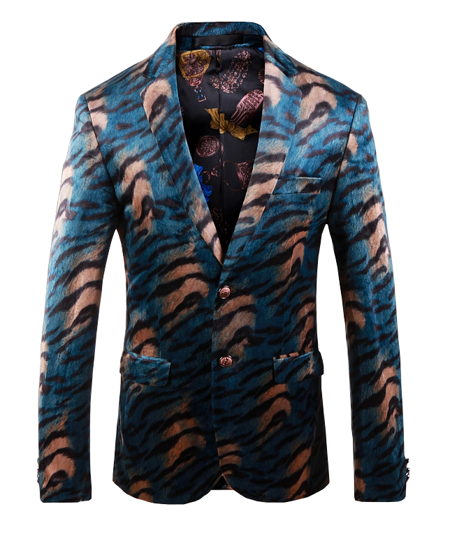 2023 Tan Turquoise Elegant Tiger Pattern Mens Velvet Blazer | PILAEO