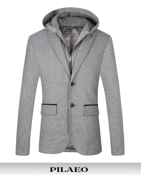 2023 Twill Grey Knitted Casual Mens Removable Hooded Blazer | PILAEO