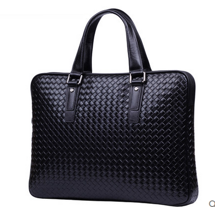 Woven Black Genuine Leather Mens High End Briefcase