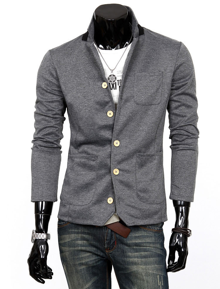 2023 Attractive Dark Grey Stand Collar Cotton Mens Blazer | PILAEO
