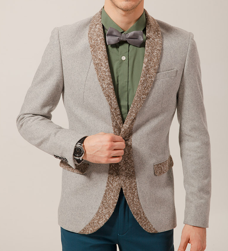 PILAEO London Style Grey Wool Blend Blazer With Knitted Beige Ou