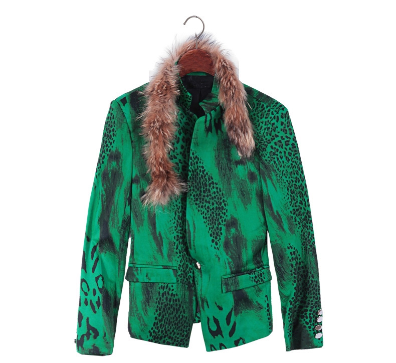 Green Leopard Stylish Fur Collar Blazer