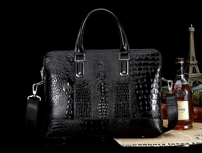 Premium Alligator Leather Briefcase Messenger Large Black Bag