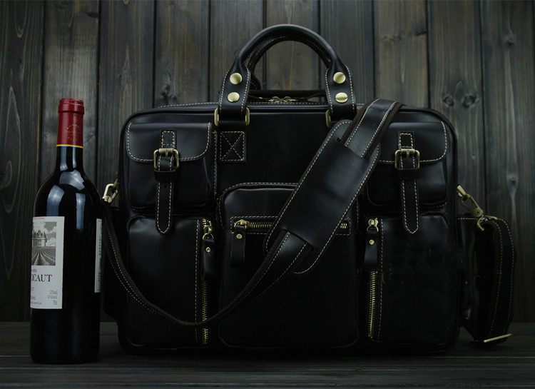 PILAEO HIGH END Handmade Leather Satchel Black Leather Bag E15JO
