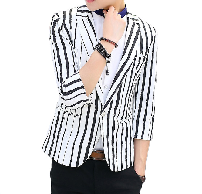 2023 White Black Striped Cool 3/4 Sleeve Blazer | PILAEO