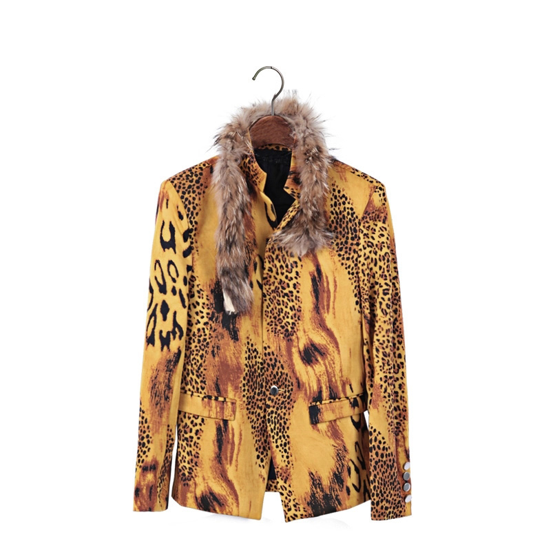2023 Yellow Leopard Stylish Fur Collar Blazer | PILAEO