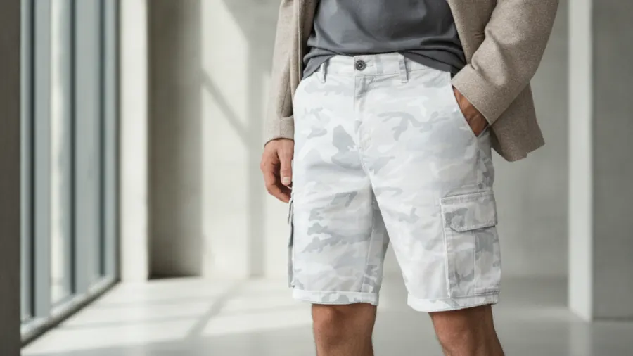 men's black shorts outfits, Slim Fit Light Grey Luxury Camouflage Printed Cargo Pocket Shorts