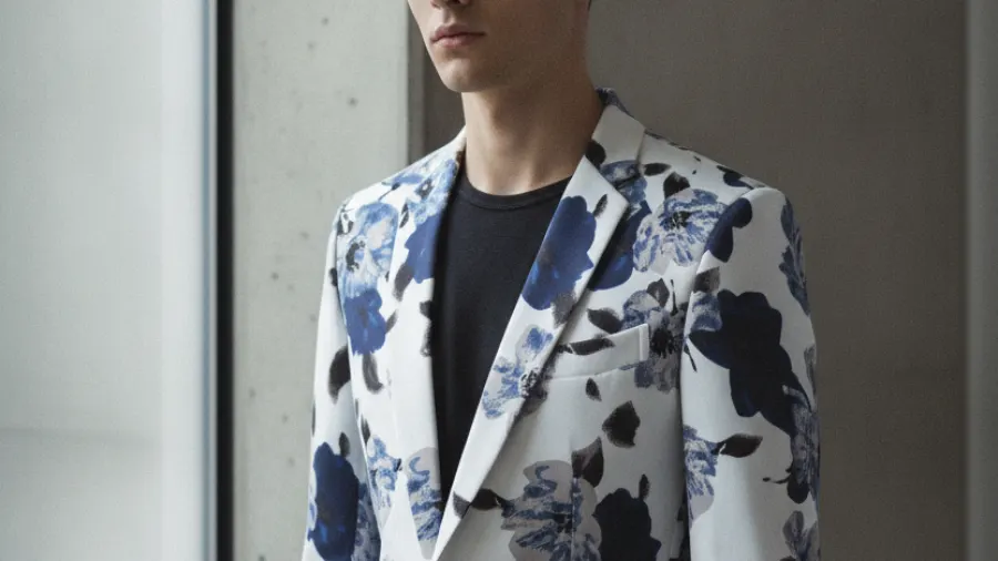 evening blazer styling, Tailored Floral Print Blue White Blazer For Men