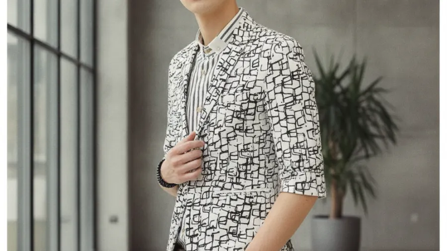 evening blazer styling, Artsy White Black Box Design Short SLeeve Blazer
