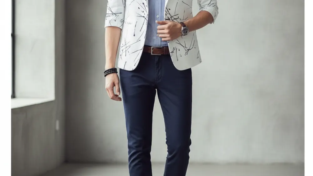 Grey Elegant Double Breasted Gentlemens Blazer, light grey dress shirt, dark grey chinos, brown loafers, slim silver watch