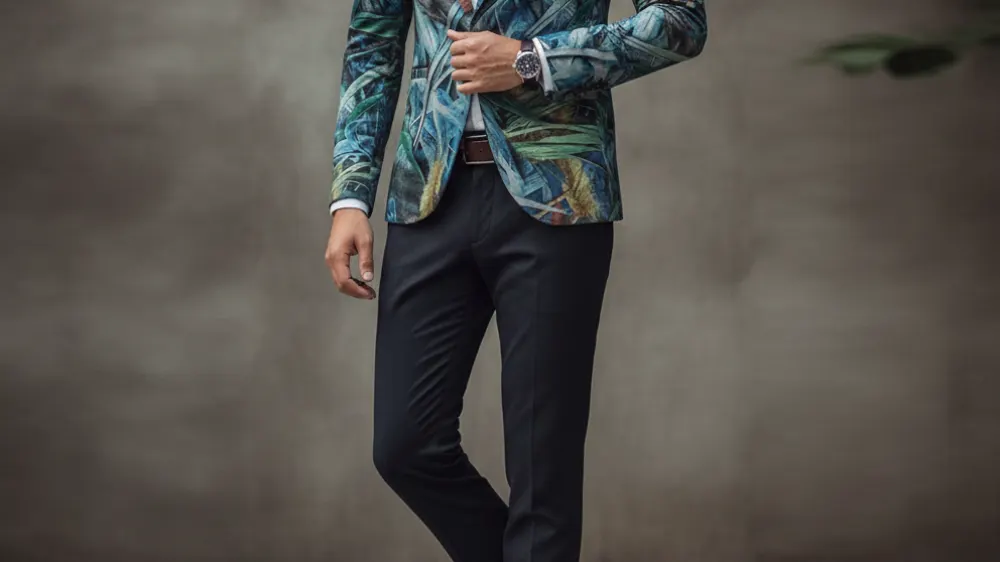 Blue Floral Luxury Mens Amazing Blazer, white dress shirt, dark grey or navy trousers, black leather oxfords, slim silver watch