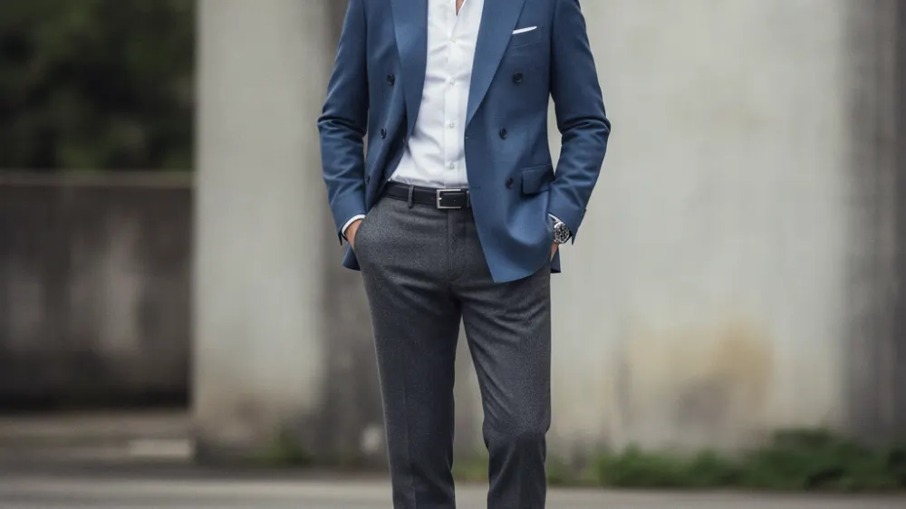 2-Button British Style Bespoke Plaid Suit Blazer Jacket, navy blue plain shirt, charcoal gray trousers, implied black leather dress shoes (not explicitly listed but standard for formal events)