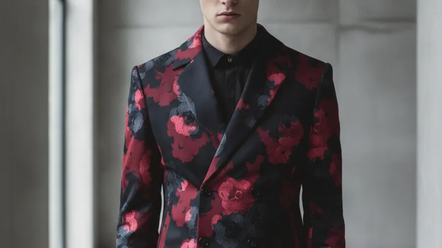 blazers outfits for black tie events, Beautiful Double Breasted Floral Red Black Blazer