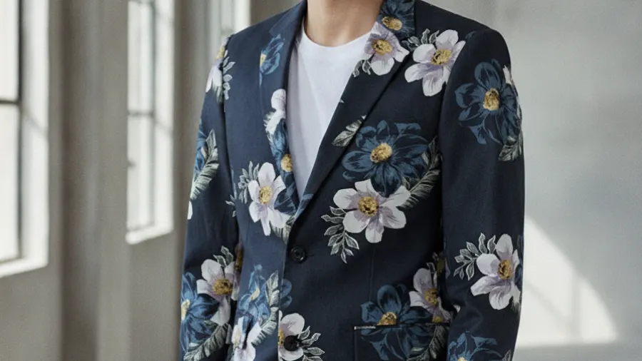 blazers with black trousers, Attractive Navy Blue Floral Printed Mens Fashion Blazer