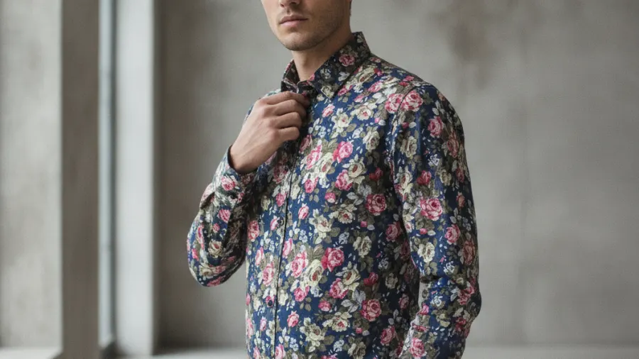 dress shirts for spring, Navy Blue Red White Modern Mens Long Sleeve Floral Dress Shirt