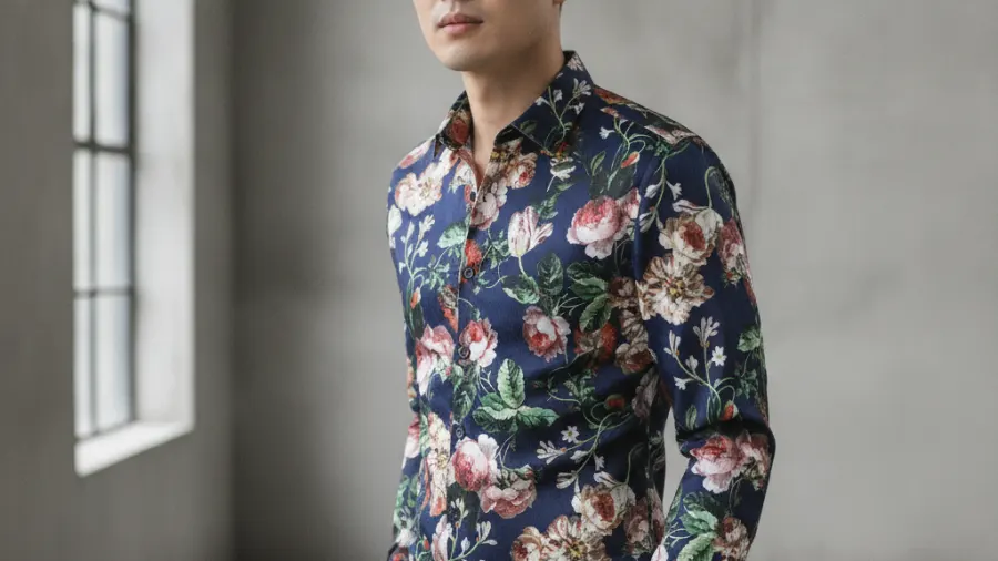 dress shirts for spring, Luxury Polyester Navy Blue Mens Fashion Floral Dress Shirt