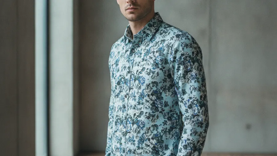 dress shirts outfits for travel, Modern Light Blue Floral Mens Button Down Dress shirt