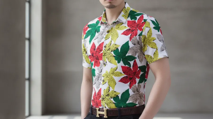 dress shirts outfits for travel, White Red Green Floral Mens Short Sleeve Dress Shirt