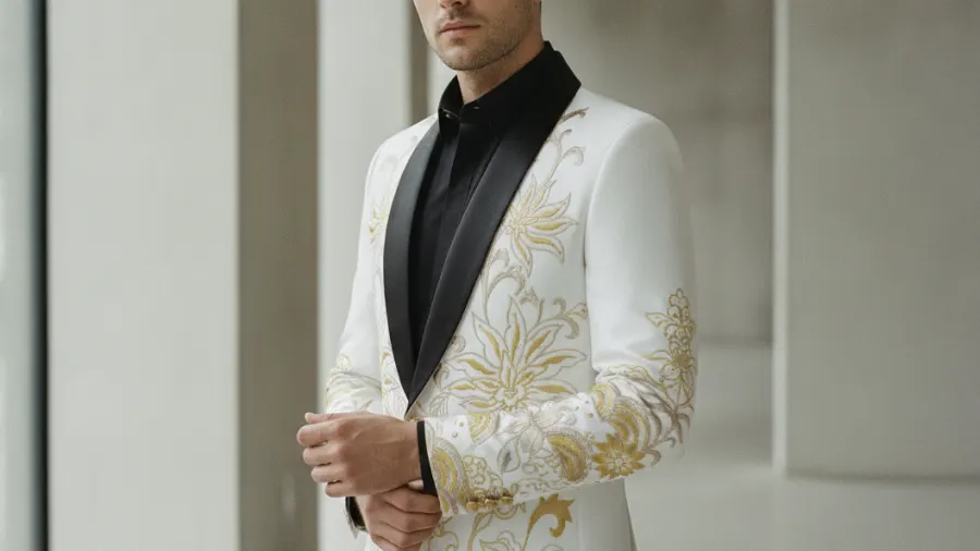 gold blazers with chinos, Embroidered Floral White And Gold Blazer Mens