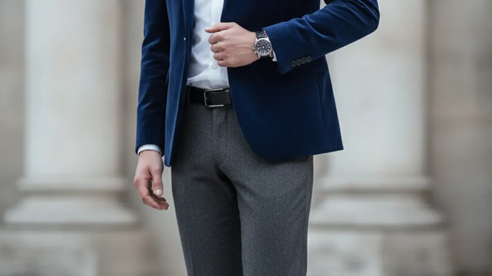 black velvet blazer, white shirt, charcoal wool trousers, black leather loafers