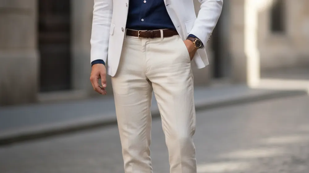 navy blue linen blazer, unspecified shirt, cream-coloured trousers, unspecified shoes, gold jewelry