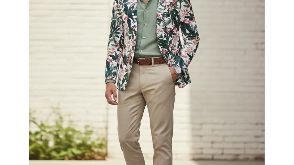 Linen Fashionable Modern Dark Green Floral Blazer, soft sage green shirt, beige trousers, (no shoes specified), (no accessories specified)