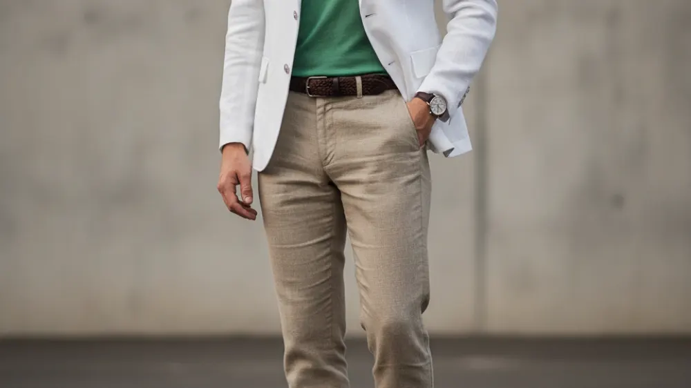 Light Grey Linen Blazer, Grass-Green Slim-Fit Cotton Tee, Flax-Coloured Trousers, (No Shoes/Accessories Mentioned)