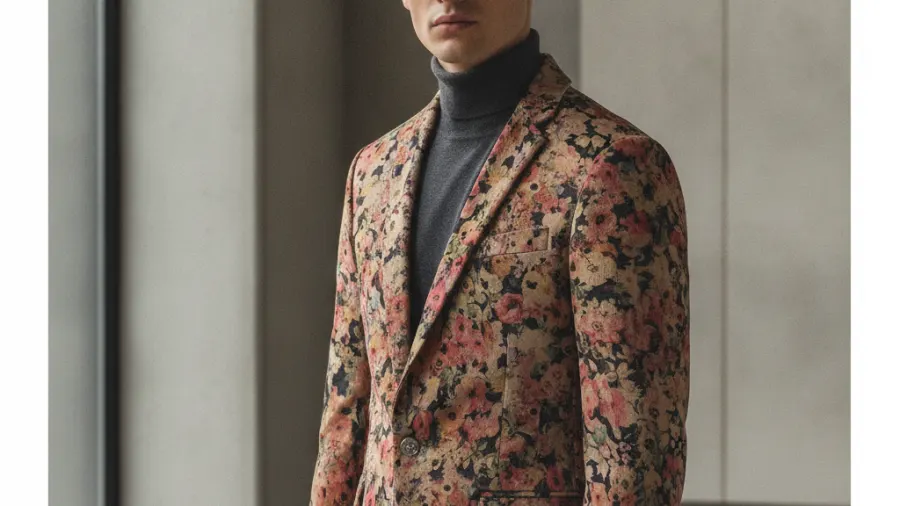 velvet blazers with black trousers, Beige Floral In-Style Velvet Blazer