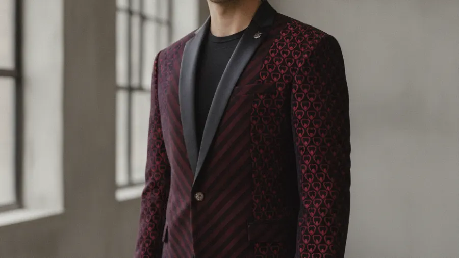 velvet blazers with black trousers, Luxury Burgundy Black Velvet Heart Sleeves Blazer