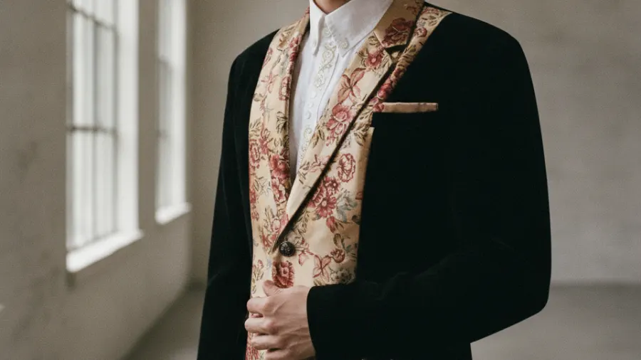 velvet blazers with jeans, Luxury Champagne Tone Satin Velvet Floral Blazer
